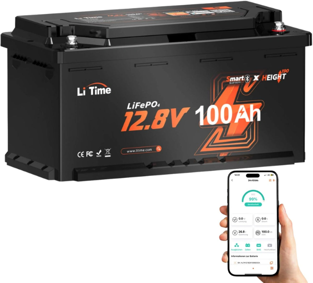 Litime Akku LiFePO4, 100 Ah, 12 V, 20,48 kWh, Bluetooth