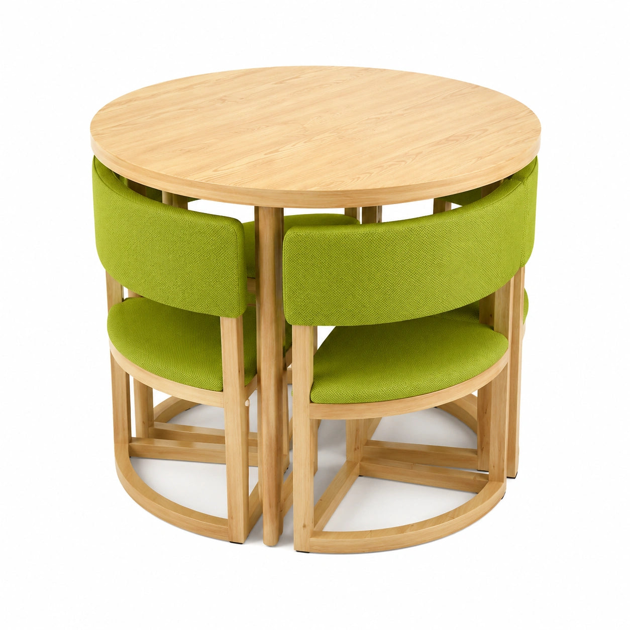 Essgruppe aus Holz mit Kunstmarmor-Tischplatte und gepolsterten Stühlen, dunkelgrün, ideal für moderne Räume